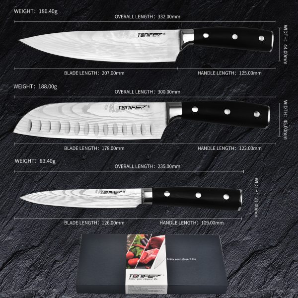 Tonife KK5002 Kitchen Knife Set High Carbon Stainless Steel Cooking Knife Chef's Knife+Santoku Knife+Fruit Knife