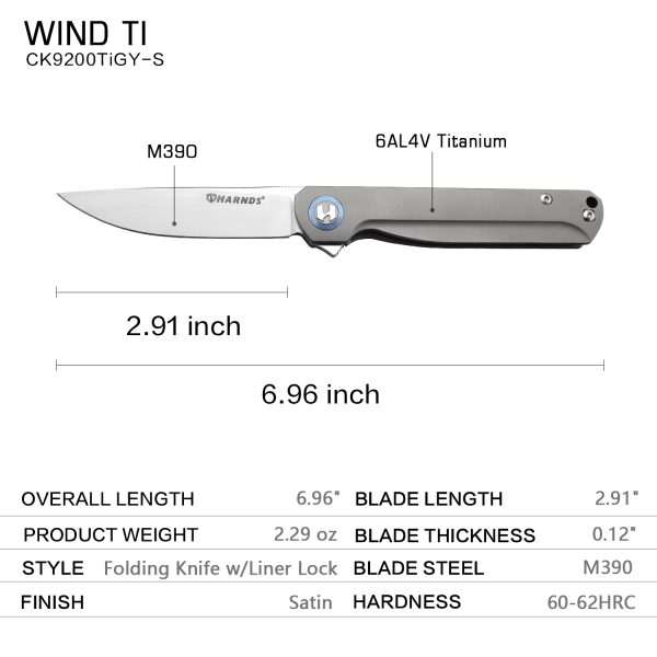 CK9200TiGY-S Harnds Wind Ti CK9200TiGY-S Pocket Knife Flipper with BOHLER M390 Steel Blade and 6AL4V Titanium Handle Folding Knife Ball Bearing with 2-Position Clip for Camping Survival and EDC