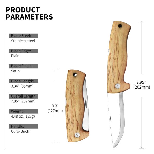 Dokka Outdoor Birchwood Handle and Folding Knife with Triple Laminated Stainless Steel Blade for Camping Fishing and Hiking